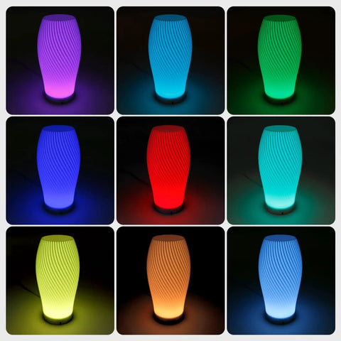 3D Printer LED Lamp Kit 001 With Remote Control And RGB Color showing various colors, USB Powered 5V, grid of lit lamps.