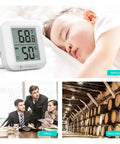 White ThirdReality temperature and humidity monitor with digital LCD; shown in bedroom, office, wine cellar.