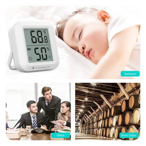 White ThirdReality temperature and humidity monitor with digital LCD; shown in bedroom, office, wine cellar.