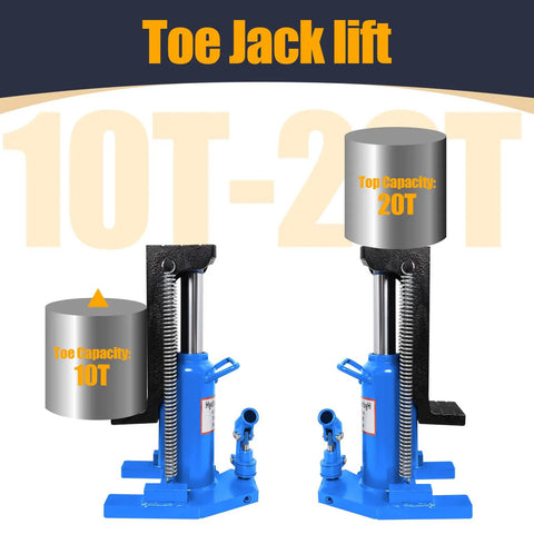 Heavy Duty 20 Ton Toe Jack Lift With 360 Swivel Handle Adjustable Hydraulic Auto Repair Jack in blue showing 10T and 20T capacities.