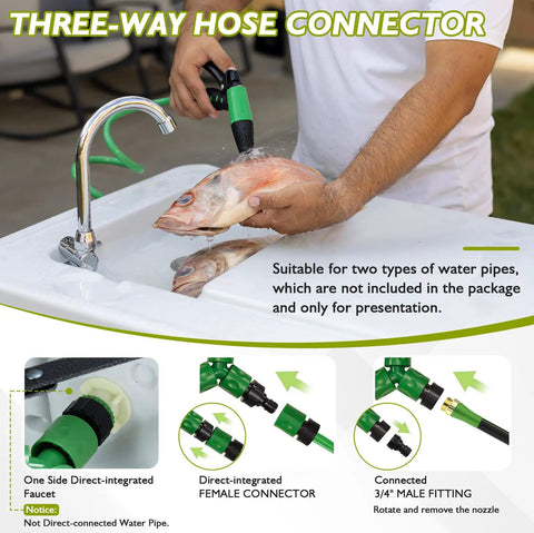 Person using Folding Fish Cleaning Table With Portable Sink, Faucet, Drainage Hose And Sprayer, demonstrating fish cleaning