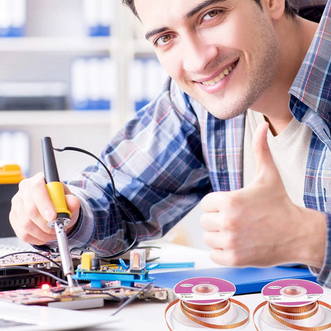 Person soldering a PCB with a Two Pack Must Have Gear No Clean Solder Braided Wick for Desoldering Tool, copper, 3 meter length each wick