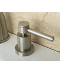 Close-up of brushed nickel handle from 8 Inch Widespread Bathroom Faucet Brushed Nickel With Drip-Free Ceramic Disc Cartridge, Deck Mount Three-Hole Installation, One Half Inch IPS Connection, Solid Brass Construction For Durable Everyday Use.