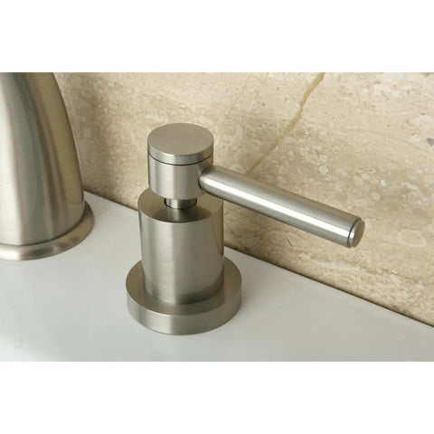 Close-up of brushed nickel handle from 8 Inch Widespread Bathroom Faucet Brushed Nickel With Drip-Free Ceramic Disc Cartridge, Deck Mount Three-Hole Installation, One Half Inch IPS Connection, Solid Brass Construction For Durable Everyday Use.