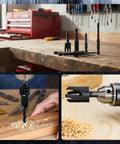 18 Piece Countersink Drill Bit Set With HSS Tapered Bits And Wood Plug Cutters on workbench, showing bits in use