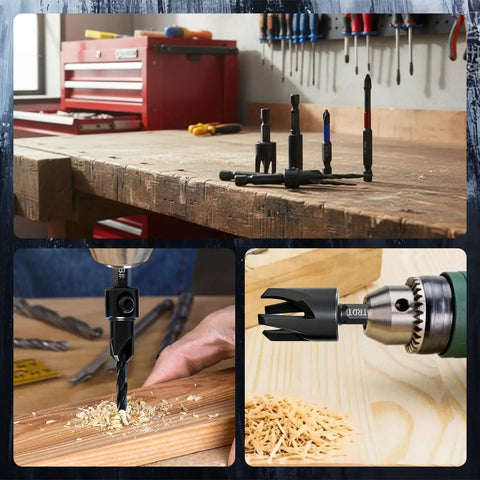 18 Piece Countersink Drill Bit Set With HSS Tapered Bits And Wood Plug Cutters on workbench, showing bits in use