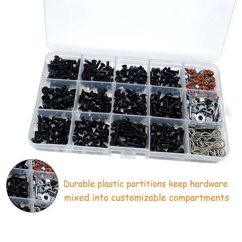 Open box view of Rugged All In One RC Screw Kit with 15 Size Screws And Hardware Fasteners For Eighth To Sixteenth Scale Crawlers And Trucks