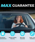 Smiling woman driving car with text highlighting customer service, warranty, and guarantee benefits.