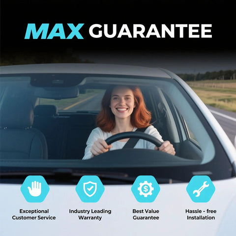 Person driving a car with max guarantee text, highlighting services like exceptional customer service, warranty, and installation benefits.