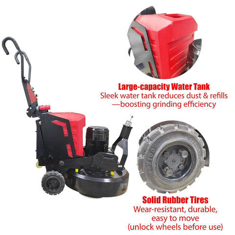 Planetary Electric Concrete Floor Grinder With 12 Grinding Heads 18.5kW Self Propelled Floor Polisher close-up on water tank and tire