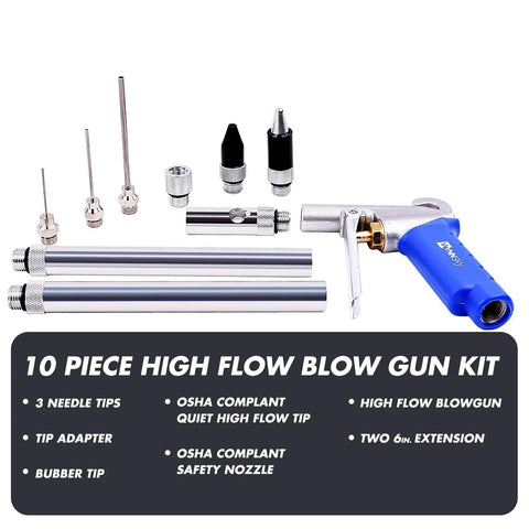 Pro Grade High Flow Air Blow Gun Kit With 9 Blower Tips And 6 Inch Extensions For Quick Cleanups, Needle And Rubber Tip, Xtreme Flow Nozzle