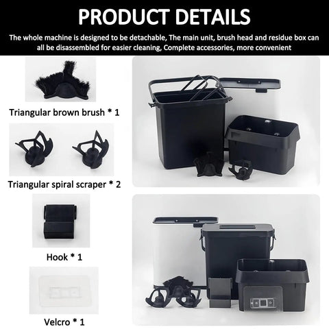 Premium Slick Silver Electric Espresso Portafilter Cleaner Paired With Solid Knock Box components including brushes and residue box.