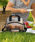 Desert Landscape Insulated Lunch Bag For Women And Men at picnic, leakproof thermal cooler tote next to basket and food.