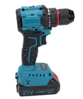 Heavy Duty Brushless Cordless Drill Kit Featuring A Badass 3/8 Inch Keyless Metal Chuck and 25 Position Clutch for Nasty Jobs and Durable Performance Straight Up Built For Every Home Reno Project, side view, battery attached.
