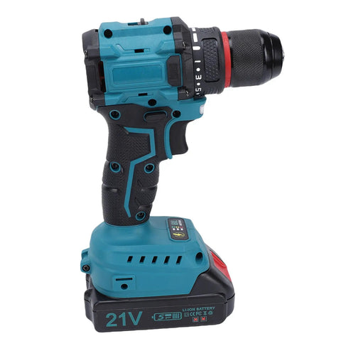Heavy Duty Brushless Cordless Drill Kit Featuring A Badass 3/8 Inch Keyless Metal Chuck and 25 Position Clutch for Nasty Jobs and Durable Performance Straight Up Built For Every Home Reno Project, side view, battery attached.