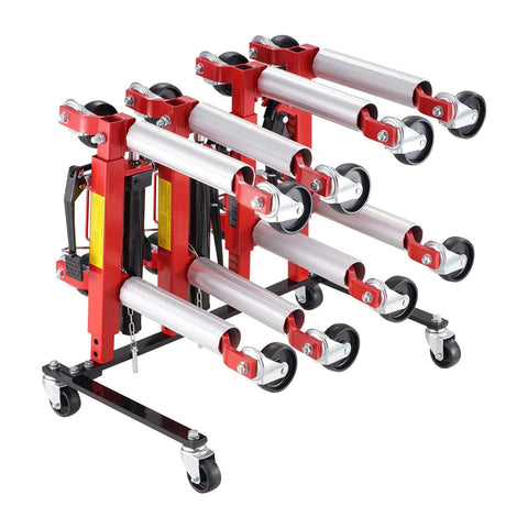 Car Dolly Rack Storage Organizer With 360 Degree Rotatable Wheels And Hydraulic Ratchet Trolley Jack Stand Holder in garage