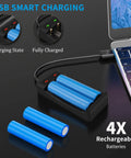USB smart charging feature of Rechargeable LED Flashlight Kit With 1500 Lumen Beast Brightness, showing 4x rechargeable batteries
