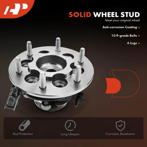 Front Left Wheel Bearing And Hub Assembly With ABS And 6-Lug Fit For Chevrolet Colorado 2004-2008, GMC Canyon 2006-2008, Isuzu I-280 2006, I-290 2007-2008 showing solid wheel stud and anti-corrosion coating
