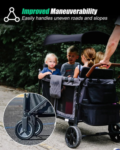 Handlebar Extension For Wonderfold Wagon W4 Stroller Accessory used by adult with children, showing improved maneuverability on road