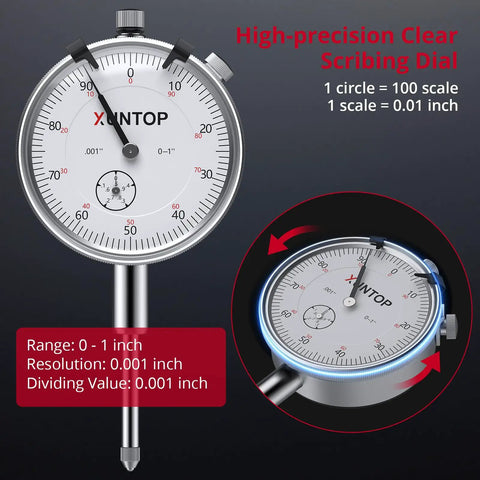 0 To 1 Inch Runout Gauge Set With Dial Indicator, 0.001 Inch Resolution, close-up of the high-precision dial face showing measurements.