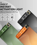 Three Imini 2 EDC Rechargeable Keychain Flashlights in black, green, and orange, with USB plugs and 50 lumens output displayed on a gradient background. Text reads: Instant Activation Light. Focus keyword: Imini 2 EDC Rechargeable Keychain Flashlight With 50 Lumens Output, Compact Mini LED Keyring Light Built In Battery For Everyday Carry And Emergencies, Magnetic Cap Activation And USB Rechargeable.
