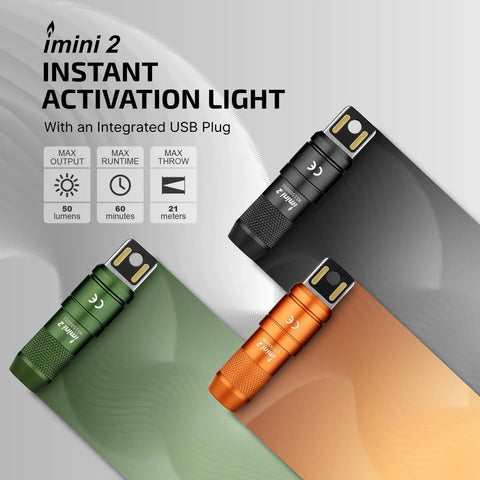 Three Imini 2 EDC Rechargeable Keychain Flashlights in black, green, and orange, with USB plugs and 50 lumens output displayed on a gradient background. Text reads: Instant Activation Light. Focus keyword: Imini 2 EDC Rechargeable Keychain Flashlight With 50 Lumens Output, Compact Mini LED Keyring Light Built In Battery For Everyday Carry And Emergencies, Magnetic Cap Activation And USB Rechargeable.