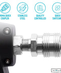 Heavy Duty 303 Stainless Steel Male NPT Quick Coupler close-up showing sleek metal build for pressure washer connections.