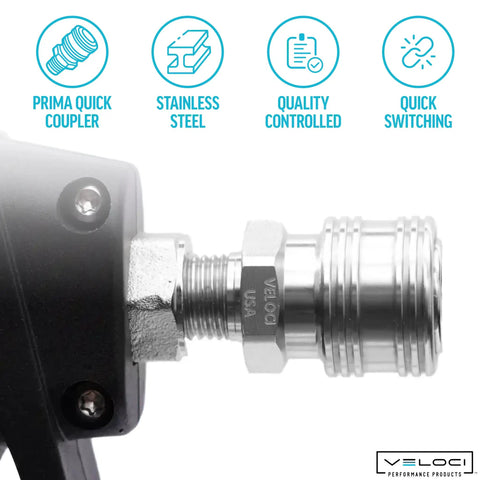 Heavy Duty 303 Stainless Steel Male NPT Quick Coupler close-up showing sleek metal build for pressure washer connections.