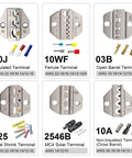 Close-up of terminals including Insulated, Ferrule, Open Barrel, Heat Shrink, and MC4 for various wiring tasks.