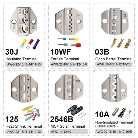 Close-up of terminals including Insulated, Ferrule, Open Barrel, Heat Shrink, and MC4 for various wiring tasks.