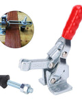 Heavy Duty Toggle Clamp With 150kg Clamping Force Horizontal Plunger Stroke Welding Hold Down Clamp For Woodworking Jigs And Fixtures Quick Release Hand Tool with red handle and metal base.