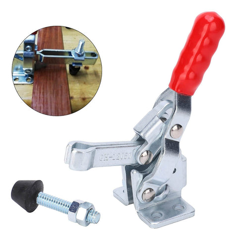 Heavy Duty Toggle Clamp With 150kg Clamping Force Horizontal Plunger Stroke Welding Hold Down Clamp For Woodworking Jigs And Fixtures Quick Release Hand Tool with red handle and metal base.