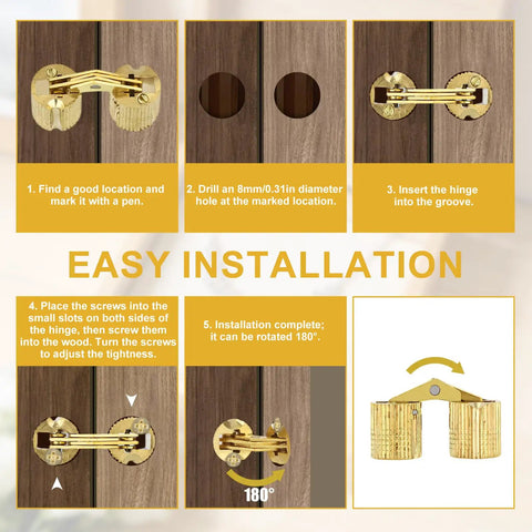 Instruction guide for Eight Piece Hidden Brass Barrel Hinges Set With Drill Bit For Jewelry Boxes Wooden Boxes And Small Furniture DIYers 180 Degree Concealed Cabinet Hinges installation