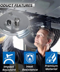 Mechanic inspecting undercarriage with Ford 7.3L Powerstroke Dipstick Adapter Repair Kit, silver finish, impact resistant.