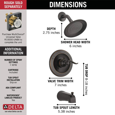 Dimensions of Windemere 14 Series Bathtub And Shower Faucet Set In Oil Rubbed Bronze With Shower Head And Handle Trim shown.