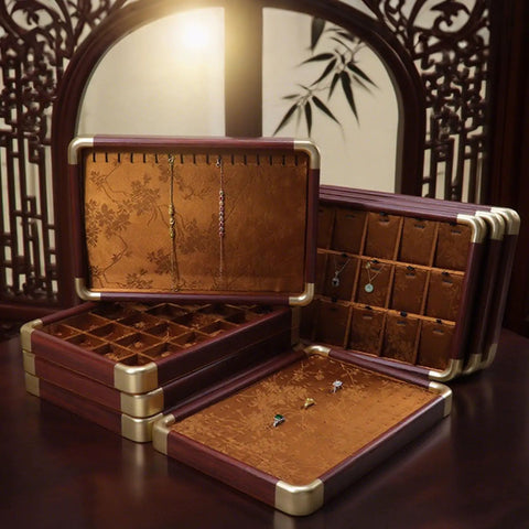 Slick Top Tier Jewelry Display Tray With Heavy Duty Wood Frame And Soft Fabric Lining No Sweat 24 Grid Stackable Organizer For Rings Earrings Necklaces Retail Ready Storage Case Black displayed on a table.