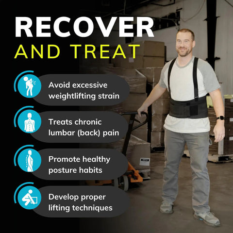 Man wearing Work Back Support Belt For Pain Relief And Heavy Lifting Safety With Removable Shoulder Straps in warehouse setting