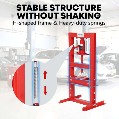 Hefty 6 Ton Hydraulic Shop Press H Frame Benchtop Heavy Duty Bearing Tool For Garage, Ball Joint Repair And Precision Bushing Install Made Tough For Any Pro Or DIY Guy. Red steel H-frame hydraulic shop press with heavy-duty springs