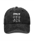 Funny RV Caravan Lover Travel Baseball Cap Adjustable Trucker Style Sun Hat with "Things I Do in My Spare Time" graphic on black fabric