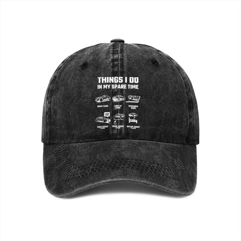 Funny RV Caravan Lover Travel Baseball Cap Adjustable Trucker Style Sun Hat with spare time print in black