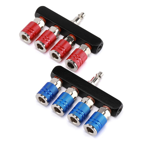 Four Way Air Manifold Splitter With Four Quick Connect Couplers And One Quarter Inch MNPT Plug Aluminum Body