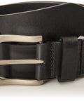 Mens 1.5 Inch Bridle Leather Work Belt Black With Brushed Silver Buckle Size 38 Full Grain Leather Raw Edges U Shape Tip Everyday Casual Belt Built To Last For Work Or Weekend displayed coiled showing both buckle and leather texture