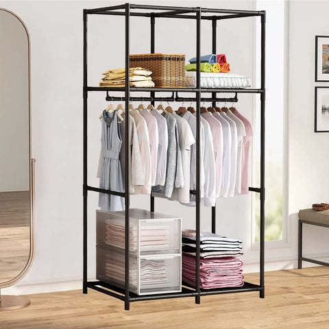 Portable Wardrobe Closet Organizer With Metal Frame And Nonwoven Fabric 34.6 Inch Long By 17.7 Inch Wide By 66.1 Inch Tall Four Shelves And Two Hanging Rods Coffee Color Built To Last No Fuss Setup For Dorm Rooms And Apartment Pads featuring clothes and storage boxes