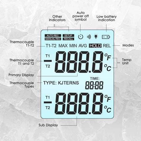 JuviPerpric dual-channel digital K-type thermocouple thermometer with two probes and two clamps, displays T1 and T2.