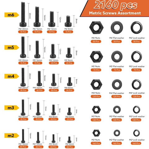 All In One 2160 Piece Metric Screw Kit With M2 To M6 Bolts Nuts Washers 12.9 Alloy Steel Black Zinc Plated Hex Socket Detail
