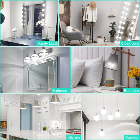 G25 Globe LED Vanity Bulbs 8 Pack 5000K Daylight in various room settings including bathroom, bedroom, kitchen, and vanity lighting.