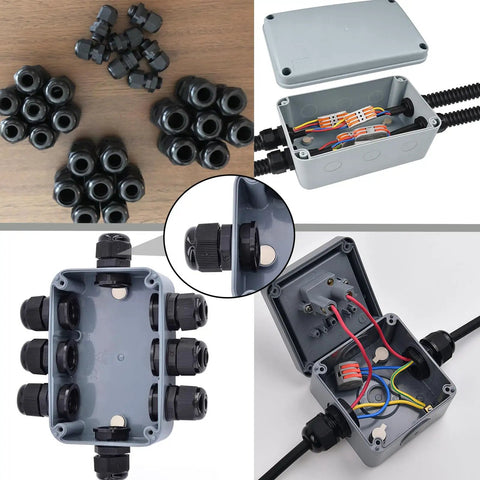 Waterproof IP68 All In One Cable Gland Kit, 20 Piece Set With Gaskets, showcasing setup in electrical enclosures
