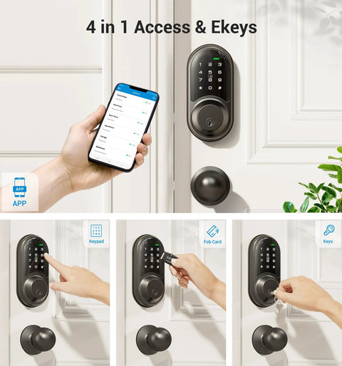 Slick Matte Black Keyless Entry Smart Lock Electronic Deadbolt Featuring Dual Knobs Handle Set App Controlled Web Portal Remote Ekey Sharing Numeric Passcode And No Sweat Fob Access