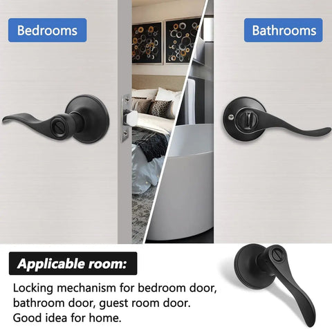4 Pack Black Wave Style Privacy Door Handles With Lock For Bedroom And Bathroom Interior Doors, reversible levers.