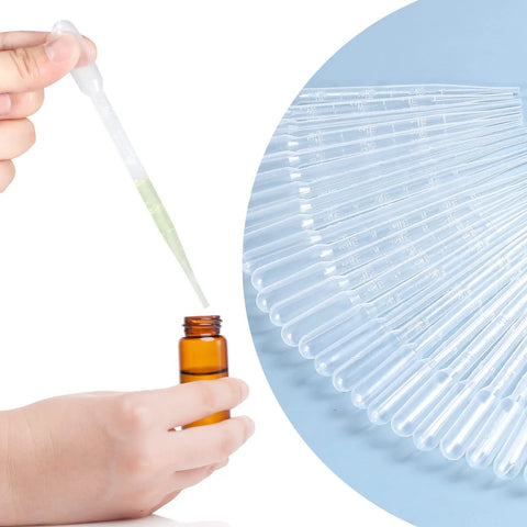 Bulk 300 Pcs 3ml Disposable Plastic Transfer Pipettes For Lab Work And Craft Projects Safe Non Toxic For Classroom Experiments And DIY Science Ideal For Teachers Home Labs Art Projects And Small Experiments. Clear 3ml PE pipette transferring liquid into a small bottle.